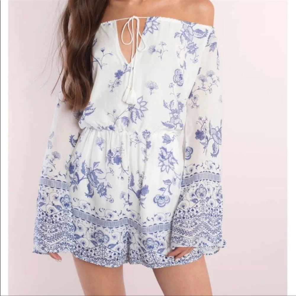 Jetset Diaries Blue White Floral Off Shoulder Boho Romper XS